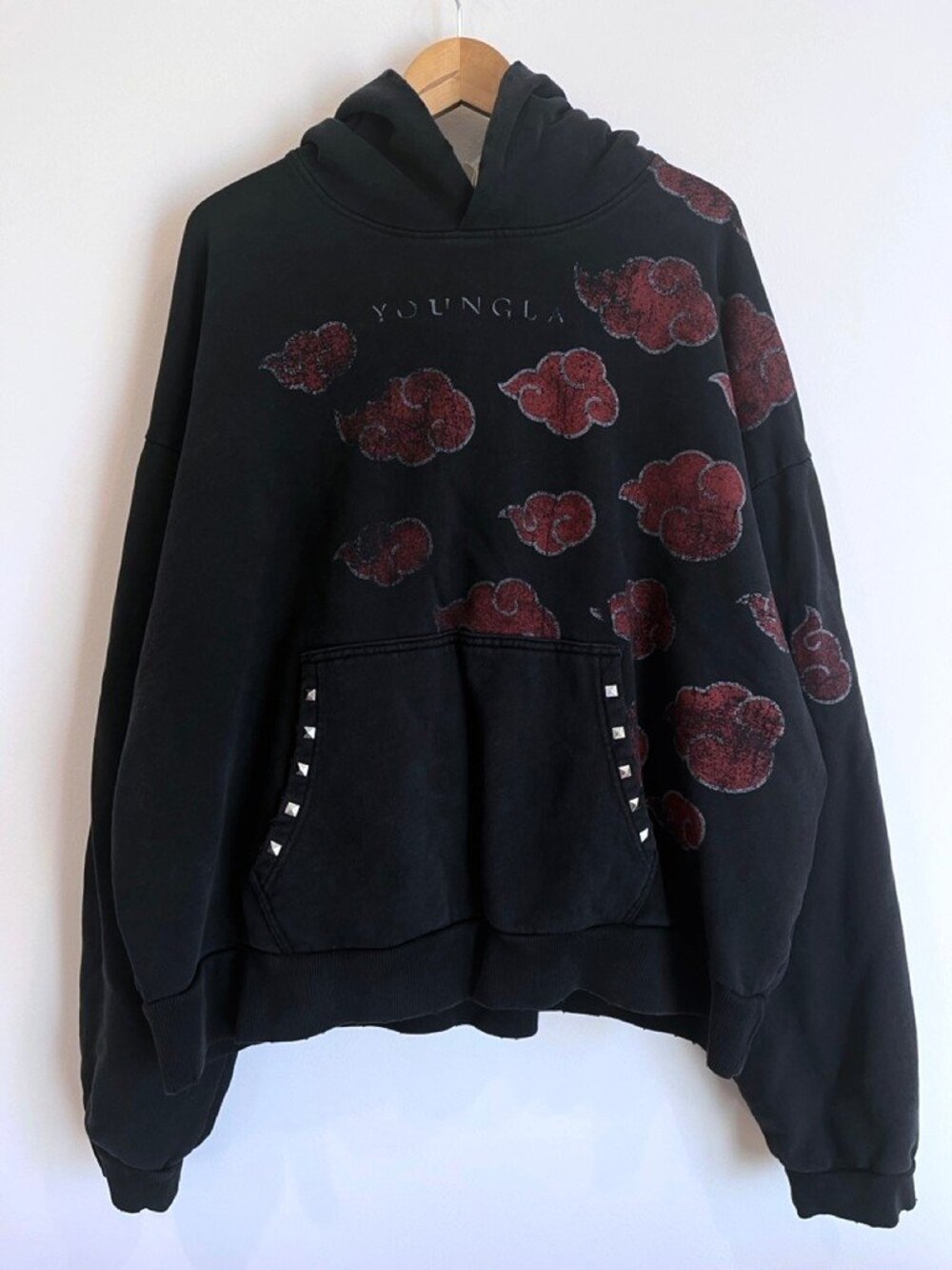 YoungLA x Naruto Shippuden Akatsuki Stud Pullover Hoodie Washed Black Mens XXL